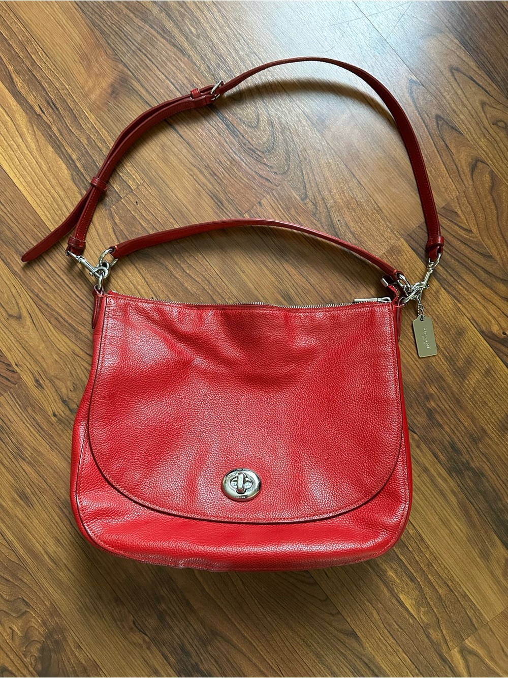 Coach Red Pebbled Leather Hobo Shoulder Bag with Turnlock